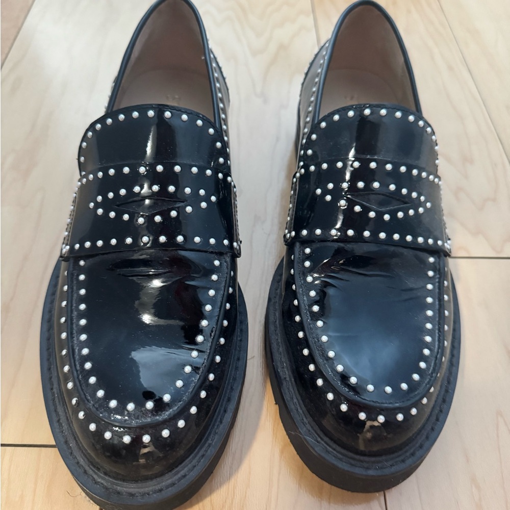 Stuart Weitzman Black Patent Studded Loafers
